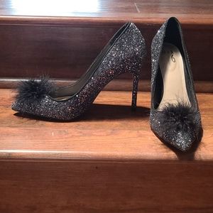 Black glitter stilletos with feather detail